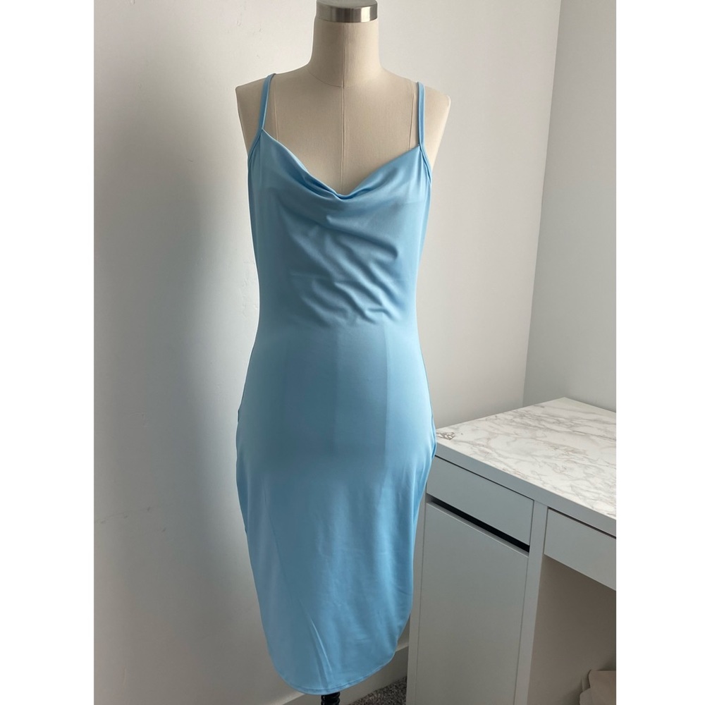 Bodycon cowl neck light blue midi dress